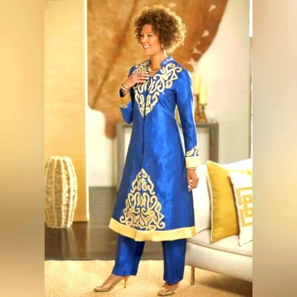 Ashro Plus Size Omari Pant Set Royal Blue /Gold African Caftan Sz 3X - Picture 3 of 16